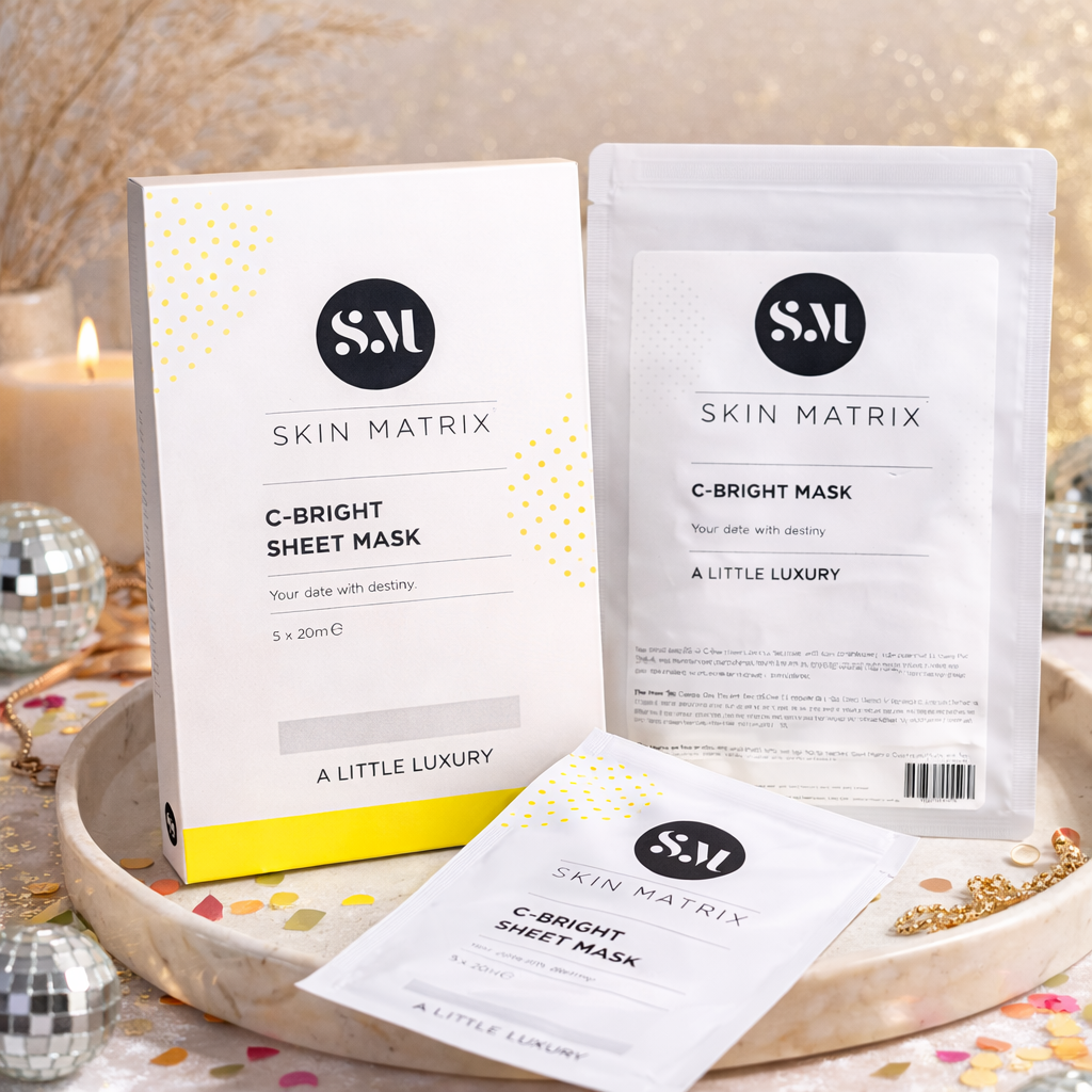 Skin Matrix C-Bright sheet masks on a decorative tray with candles and decorative items.