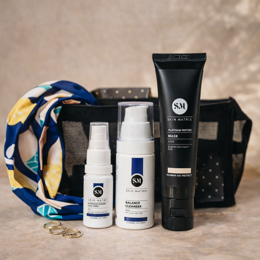 Collection of Skin Matrix skincare products on a wooden surface with a blurred background